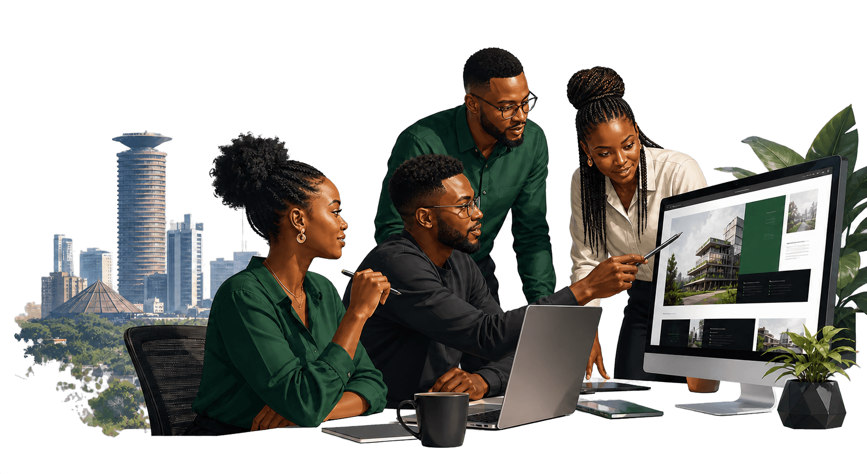 Kenyan designers and developers collaborating beside the Nairobi skyline