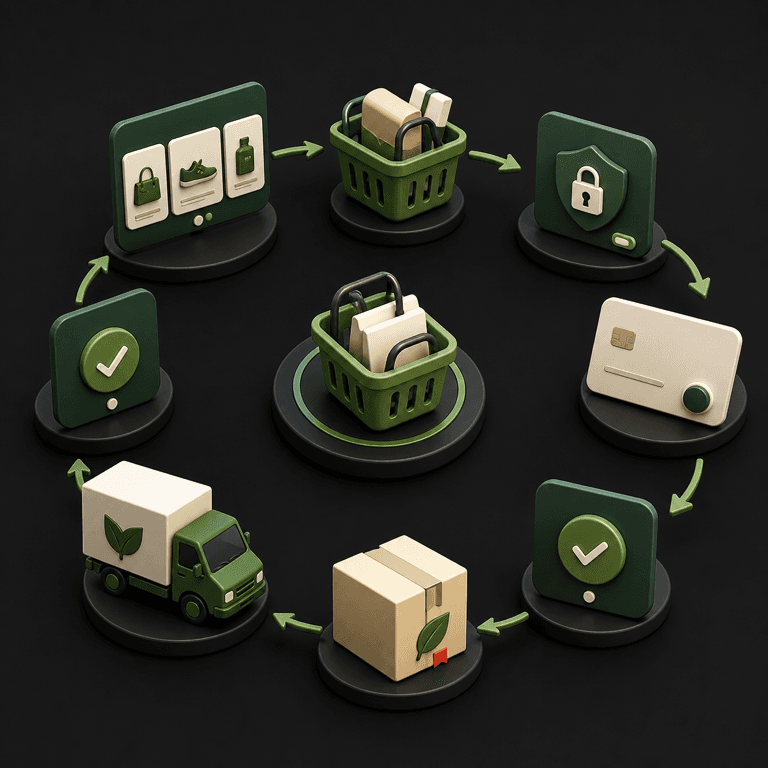 Product discovery, secure checkout, payment, packaging, and delivery journey