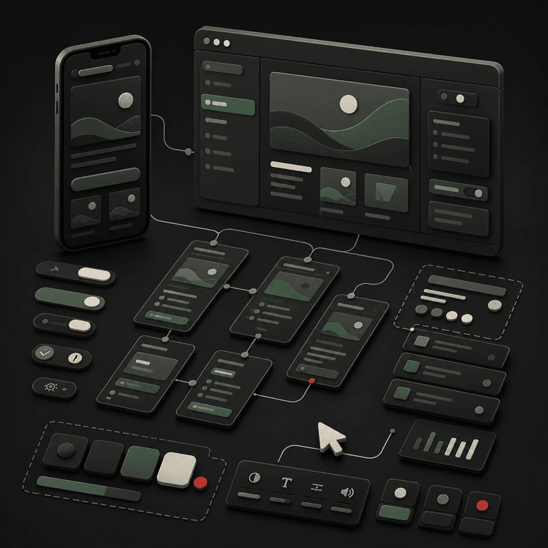 Responsive wireframes, interface components, and user experience flows