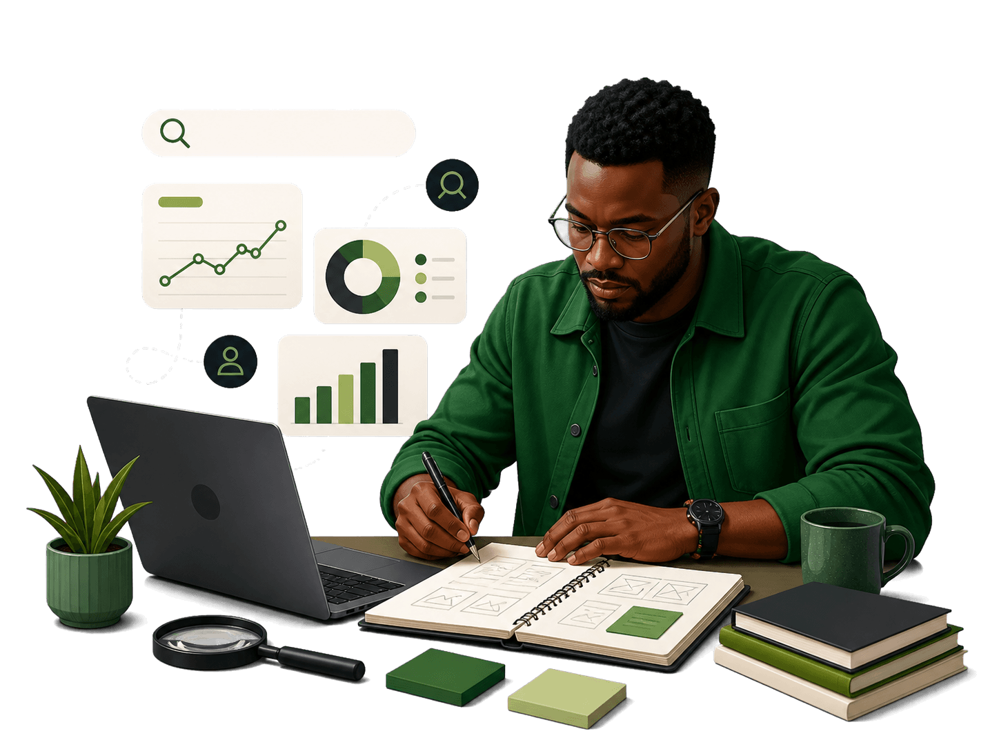 Kenyan digital strategist researching and planning an insight guide
